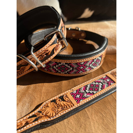 Western Equestrian Tooled Pink Leather Beaded Dog Collar