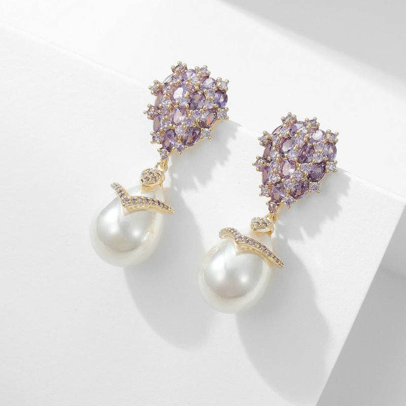 Gold Pearl Drop Wedding Statement Earrings in Solid Copper
