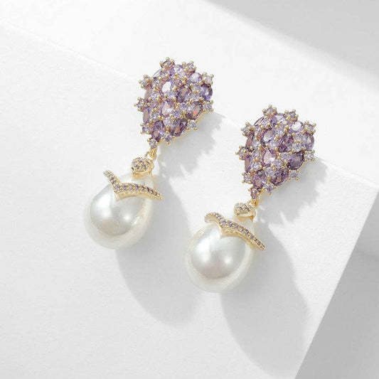 Gold Pearl Drop Wedding Statement Earrings in Solid Copper