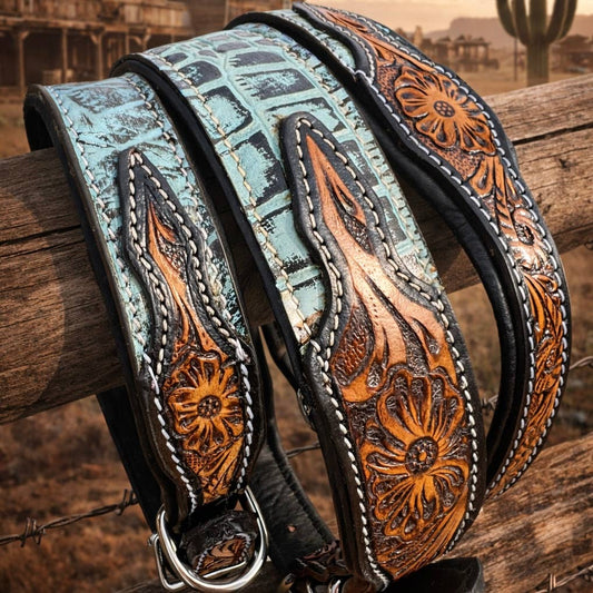 Western Dog Collar Tooled Leather Turquoise Embossed Leather