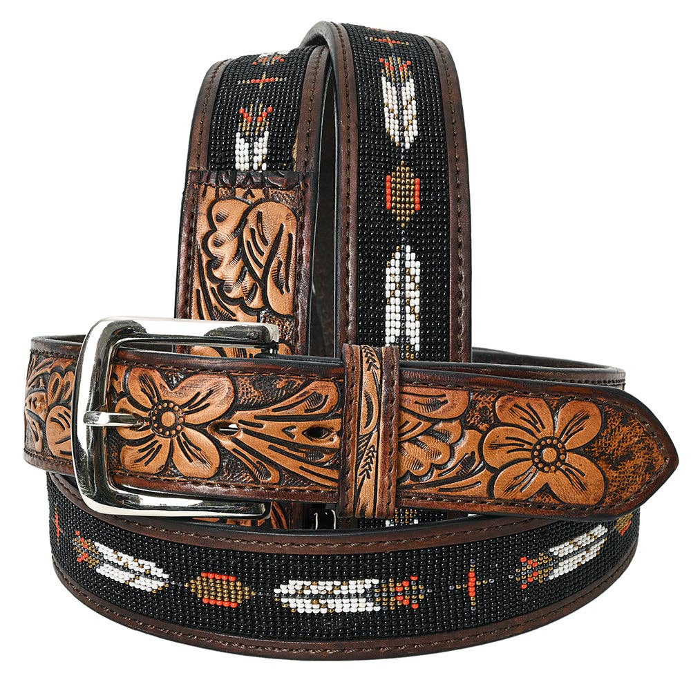 HILASON Men’s Belt Hand Tooled Leather Hand Beaded & Carved