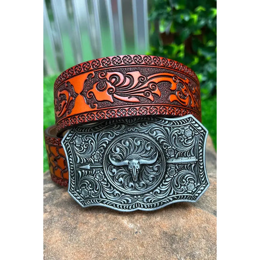 DEMASK STENCIL PRINT ON RED TONE BELT WITH LONGHORN ARROWN