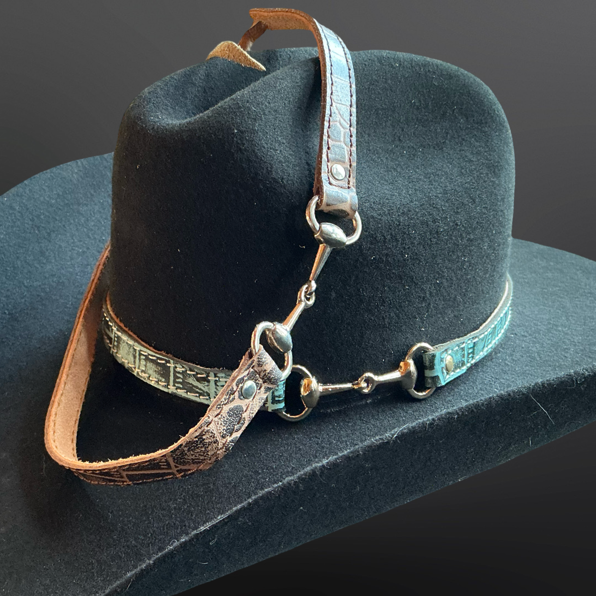 Cowboy Hat Band Embossed Leather Snaffle Bit Turquoise Brown