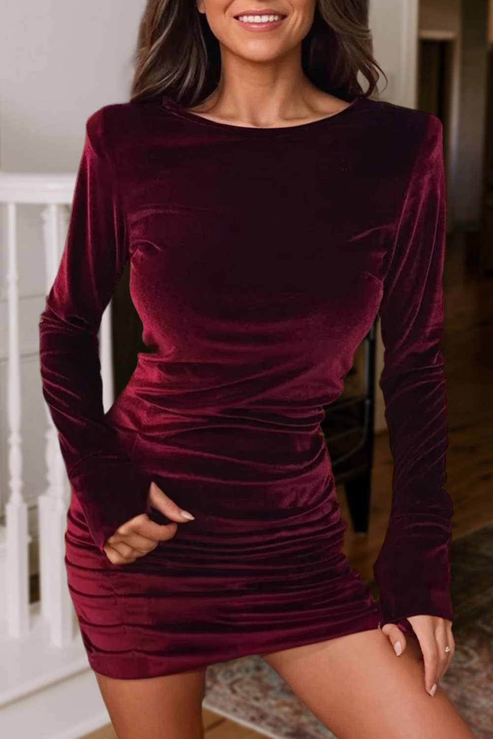 Velvet Pleated Bodycon Long Sleeve Mini Dress