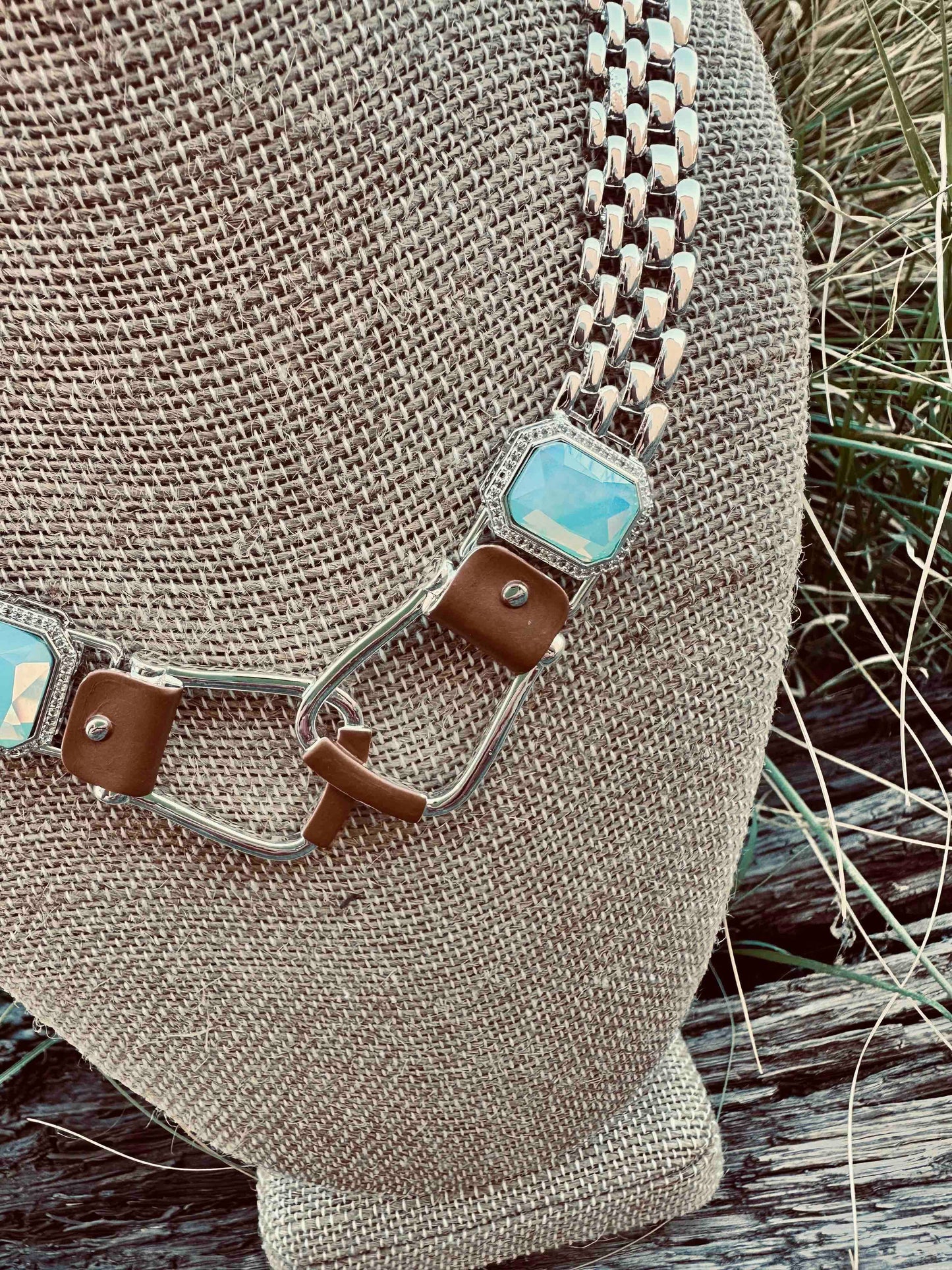 Bold Western Saddle Stirrup Necklace Aqua stone