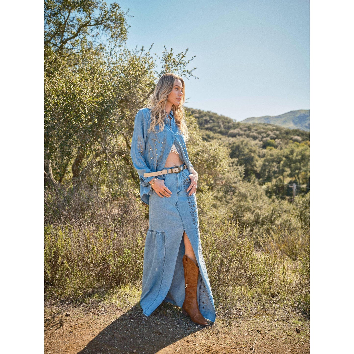 Blue B - 23624S - Embroidered Stitch Slit Denim Maxi Skirt