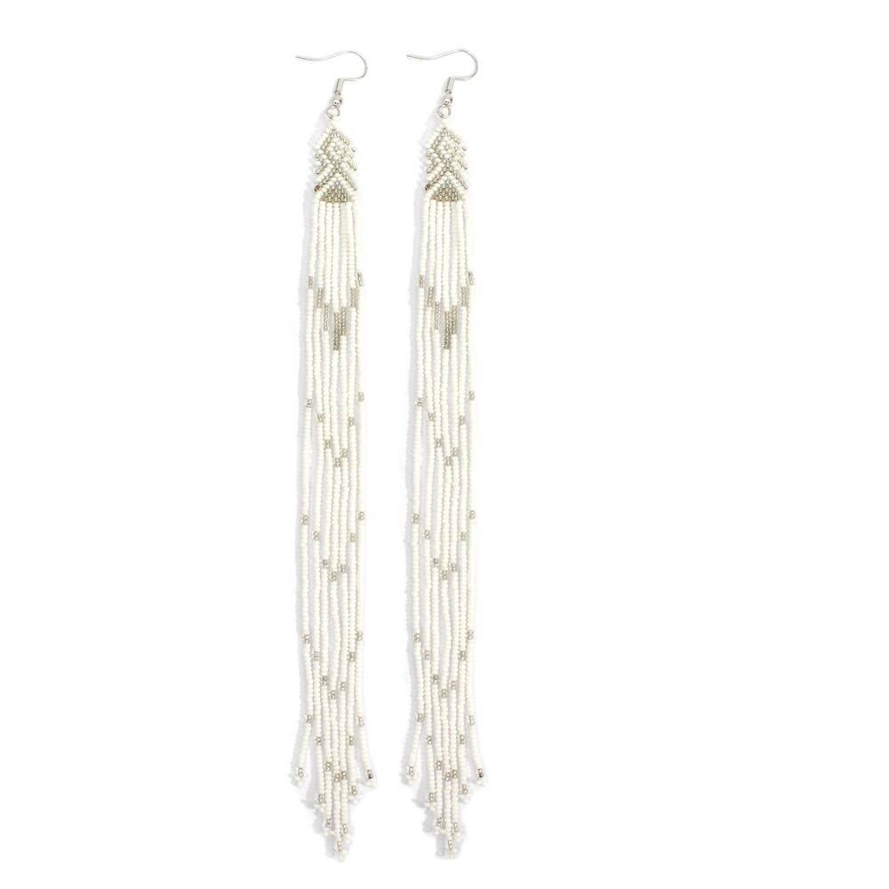 White Silver Glass Seed Beads Extra Long Earrings 8 Inches