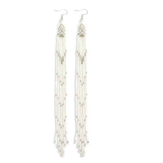White Silver Glass Seed Beads Extra Long Earrings 8 Inches