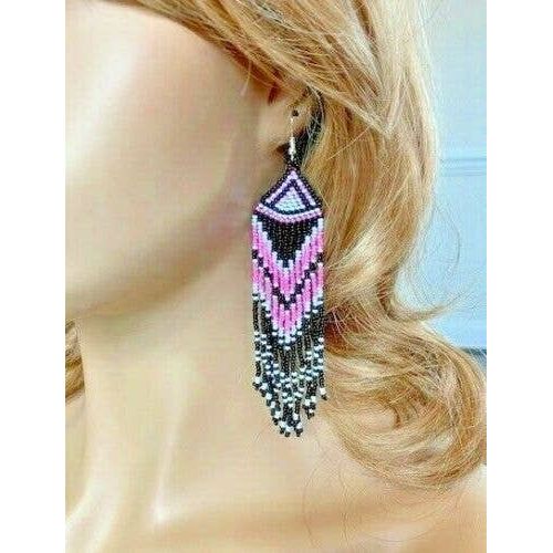 Handmade Beaded Black Pink Long Earrings