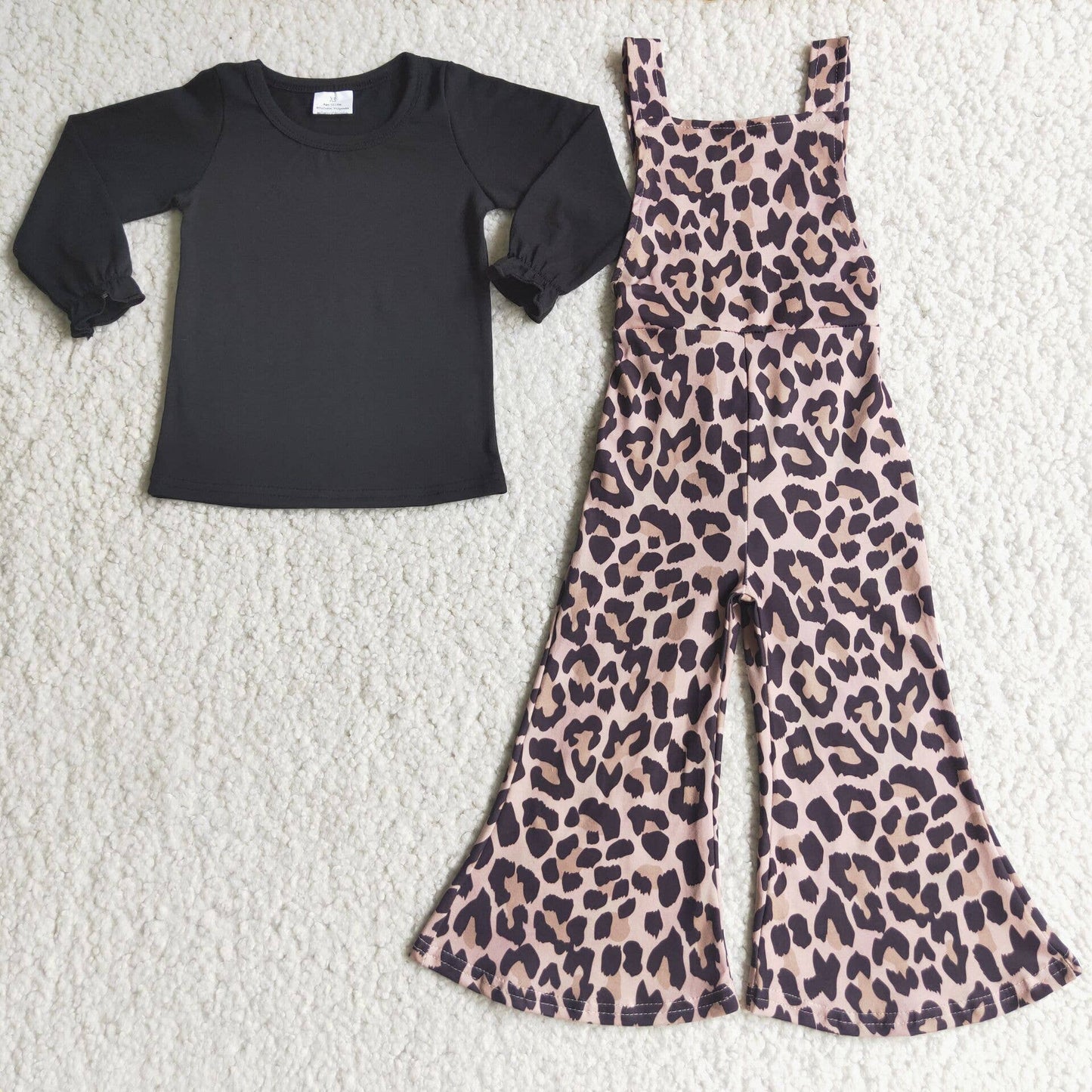 Black Shirt Leopard Print Overalls Girls Clothing