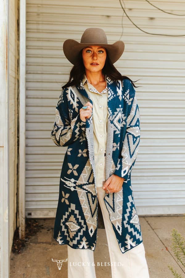 Teal Ivory Aztec Knitted Button Down Cardigan Sweater