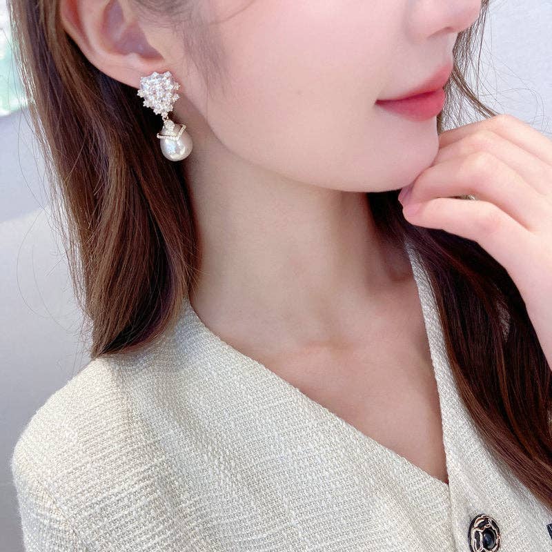 Gold Pearl Drop Wedding Statement Earrings in Solid Copper