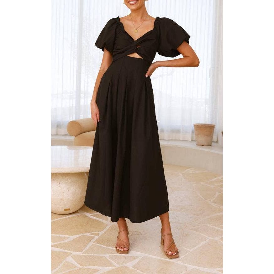 Twist-Front Puff Sleeve Maxi Dress