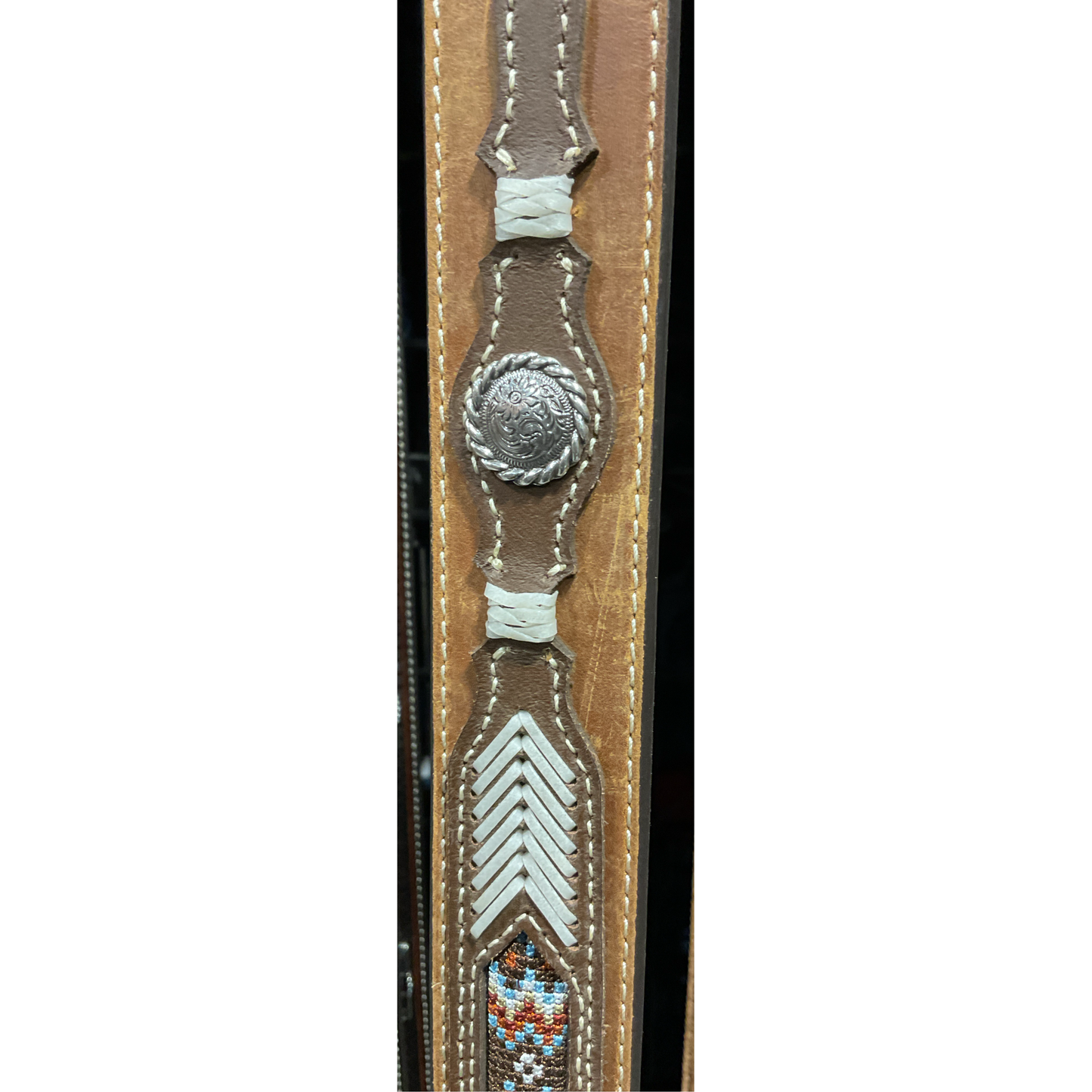 Nocona Men’s Belt, Black leather w/ inlayed Stitched Southwest Patter & concho - N210003502