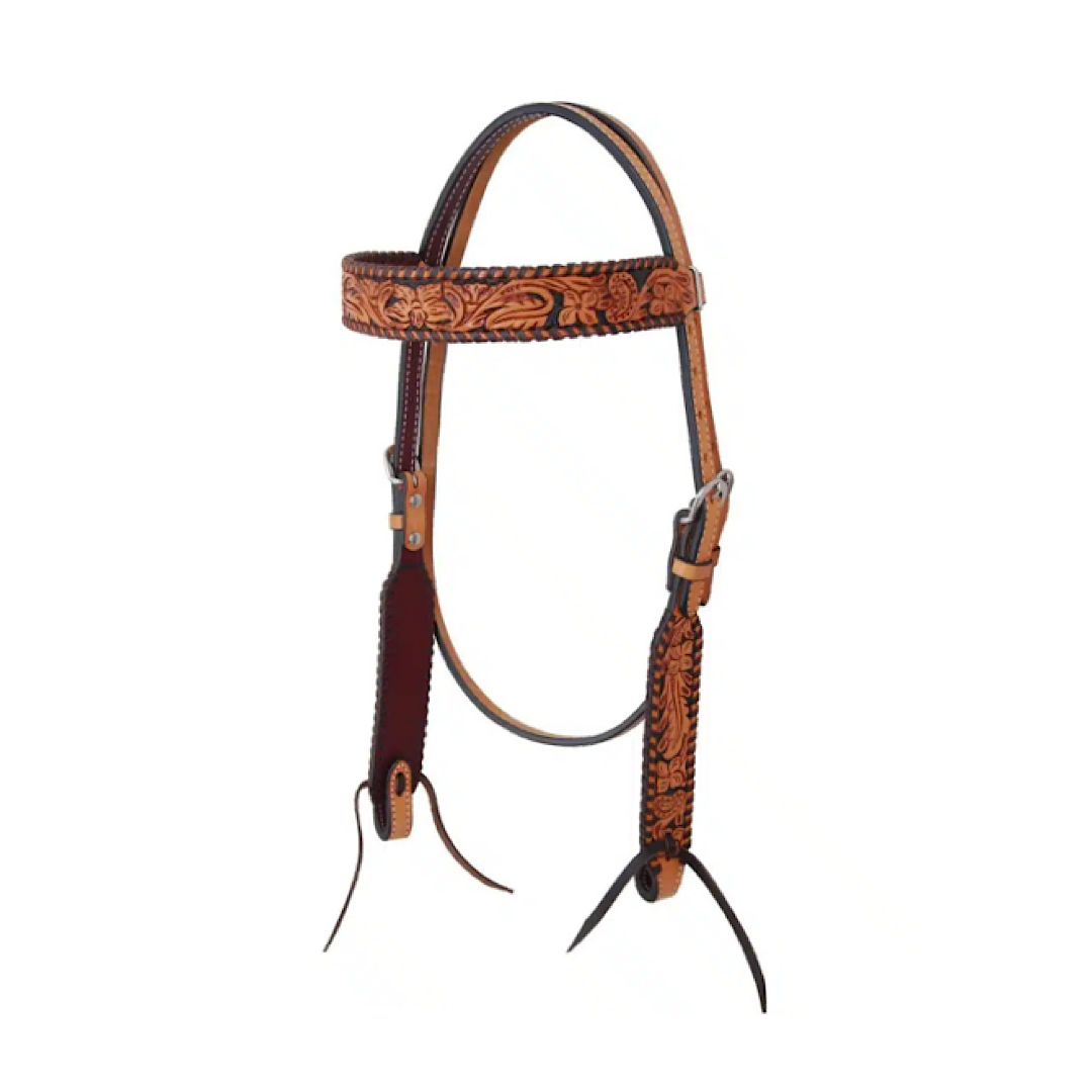 Rafter T - Floral Tooled & Whipstitched Tan Leather Headstall RTRC BB3657