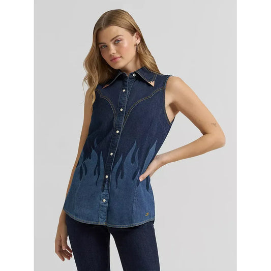 Wrangler X Lainey Wilson Women's Dark Denim Flame Accent Pearl Snap Western Sleeveless Shirt 112380460