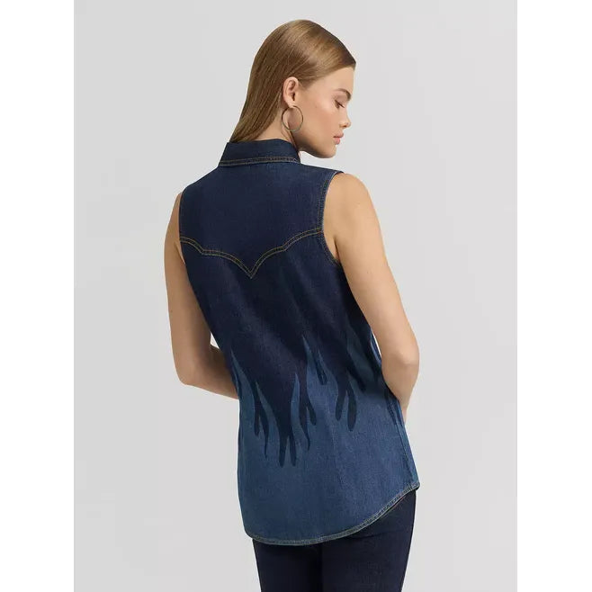 Wrangler X Lainey Wilson Women's Dark Denim Flame Accent Pearl Snap Western Sleeveless Shirt 112380460