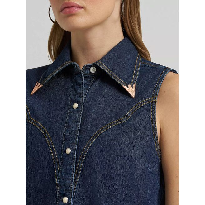 Wrangler X Lainey Wilson Women's Dark Denim Flame Accent Pearl Snap Western Sleeveless Shirt 112380460