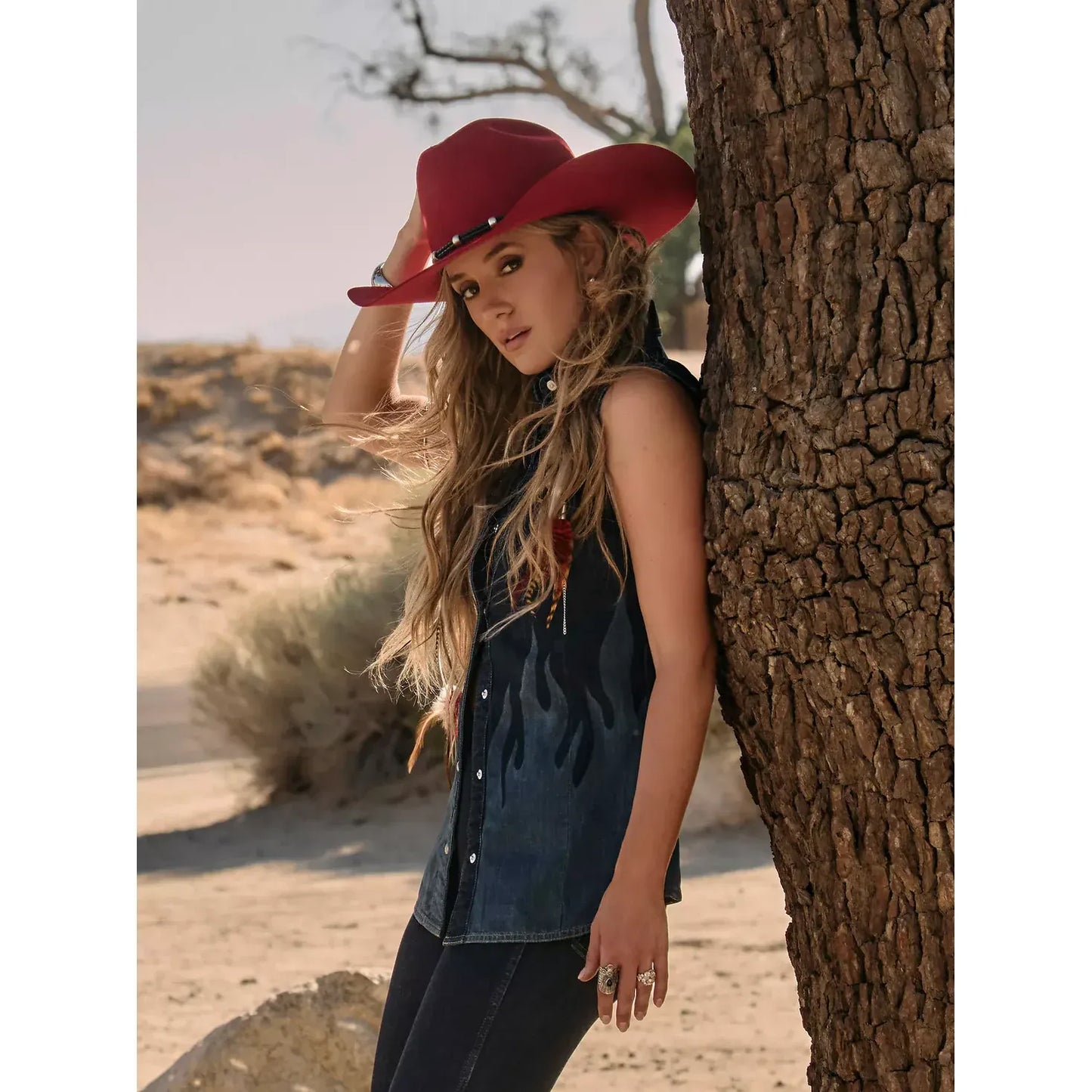 Wrangler X Lainey Wilson Women's Dark Denim Flame Accent Pearl Snap Western Sleeveless Shirt 112380460
