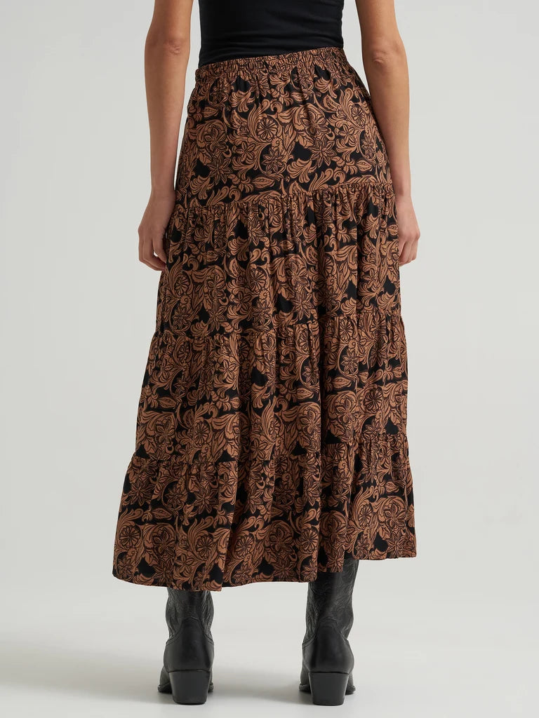 Wrangler Black with Brown Paisley Print Women's Tiered Maxi Skirt 112382513