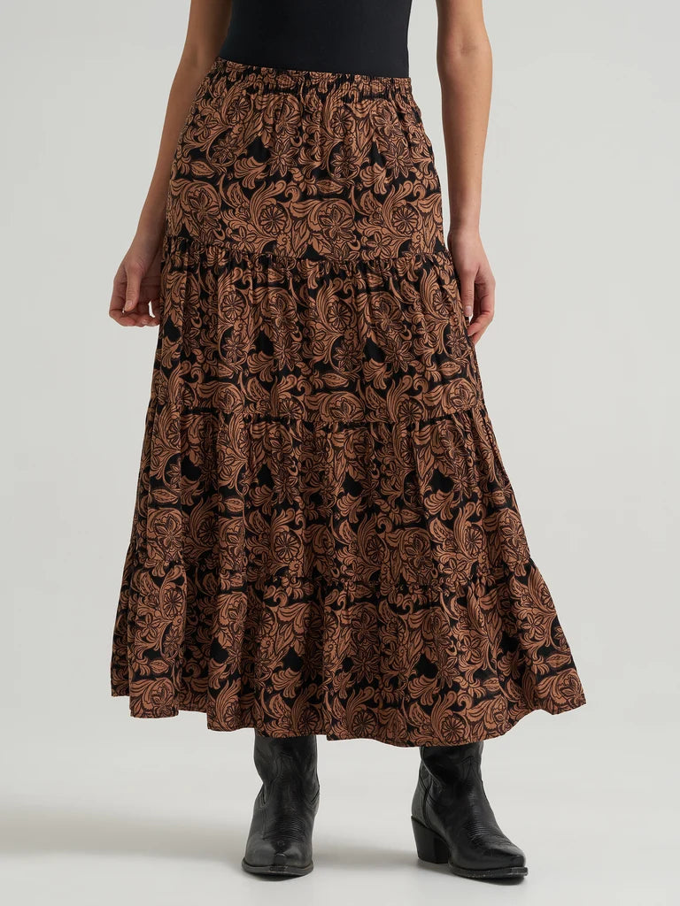 Wrangler Black with Brown Paisley Print Women's Tiered Maxi Skirt 112382513