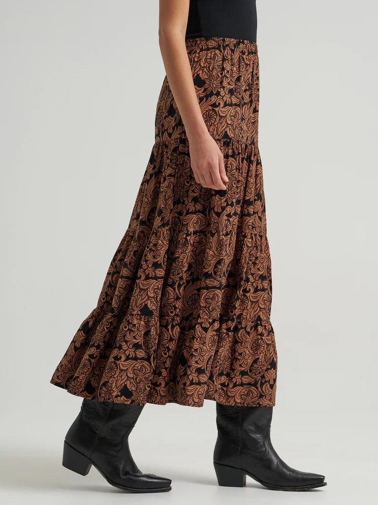 Wrangler Black with Brown Paisley Print Women's Tiered Maxi Skirt 112382513