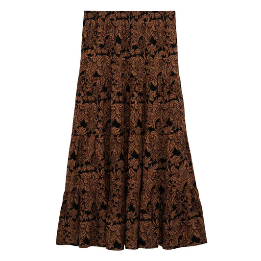 Wrangler Black with Brown Paisley Print Women's Tiered Maxi Skirt 112382513