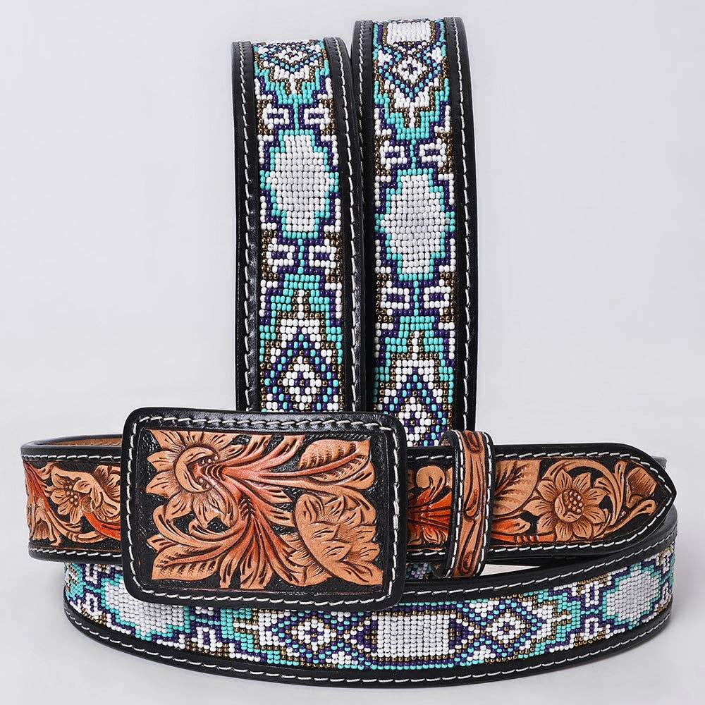 ADBLF270 Icy Turquoise Navajo Beadedx Western Belt with Tooled Leather Buckle
