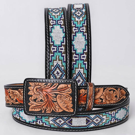 ADBLF270 Icy Turquoise Navajo Beadedx Western Belt with Tooled Leather Buckle