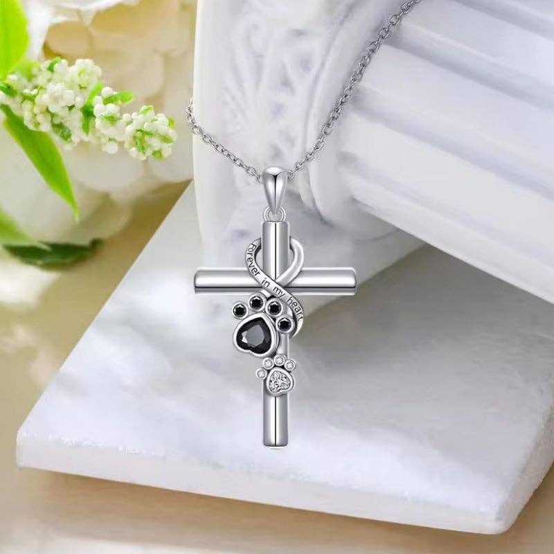 Infinity Paw Print Cross Necklace in 925 Sterling Silver