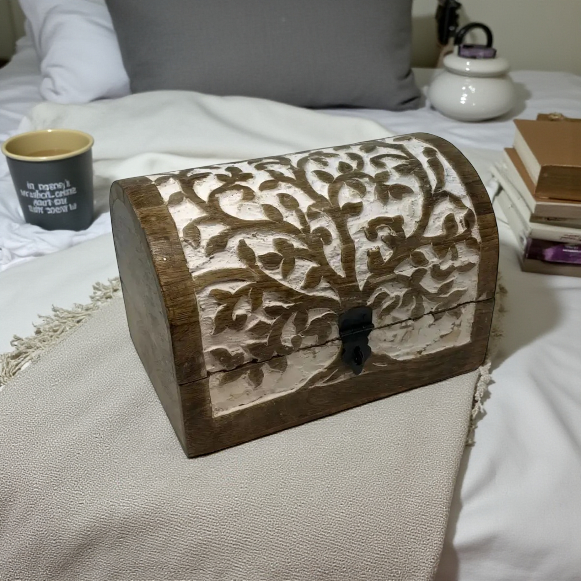 Hand-Carved Wood "Tree of Life"Hinged Box Chest Holiday