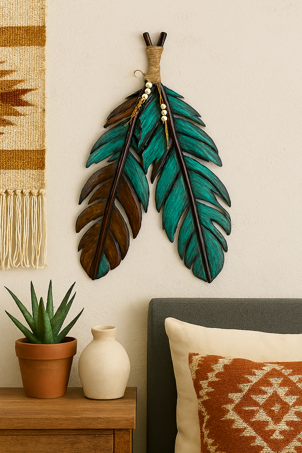 METAL DOUBLE FEATHERS WALL HANG TEAL/BROWN