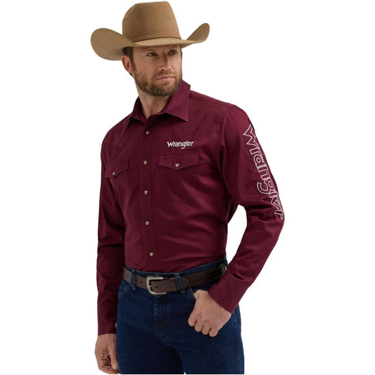 Wrangler Men's Western Logo Classic Fit Wine Red Snap Shirt 112355405