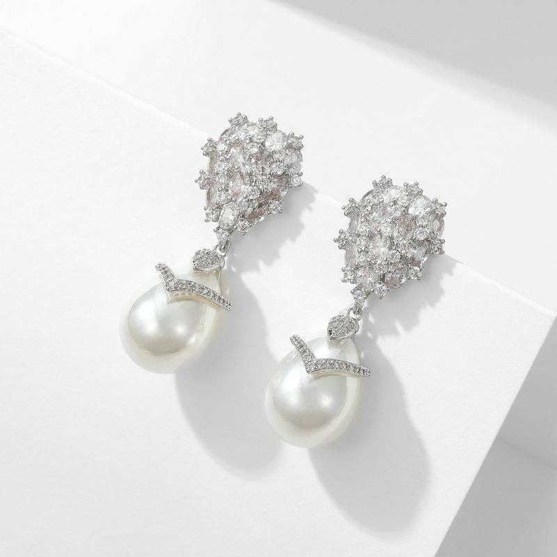 Gold Pearl Drop Wedding Statement Earrings in Solid Copper
