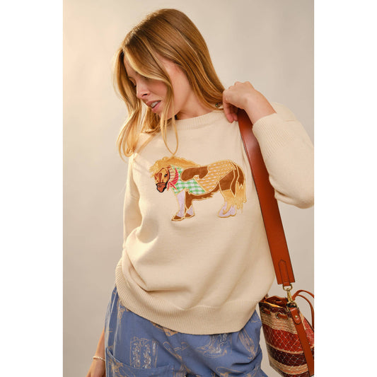 52269W Pony Embroidery Crew Neck Pull Over Sweater