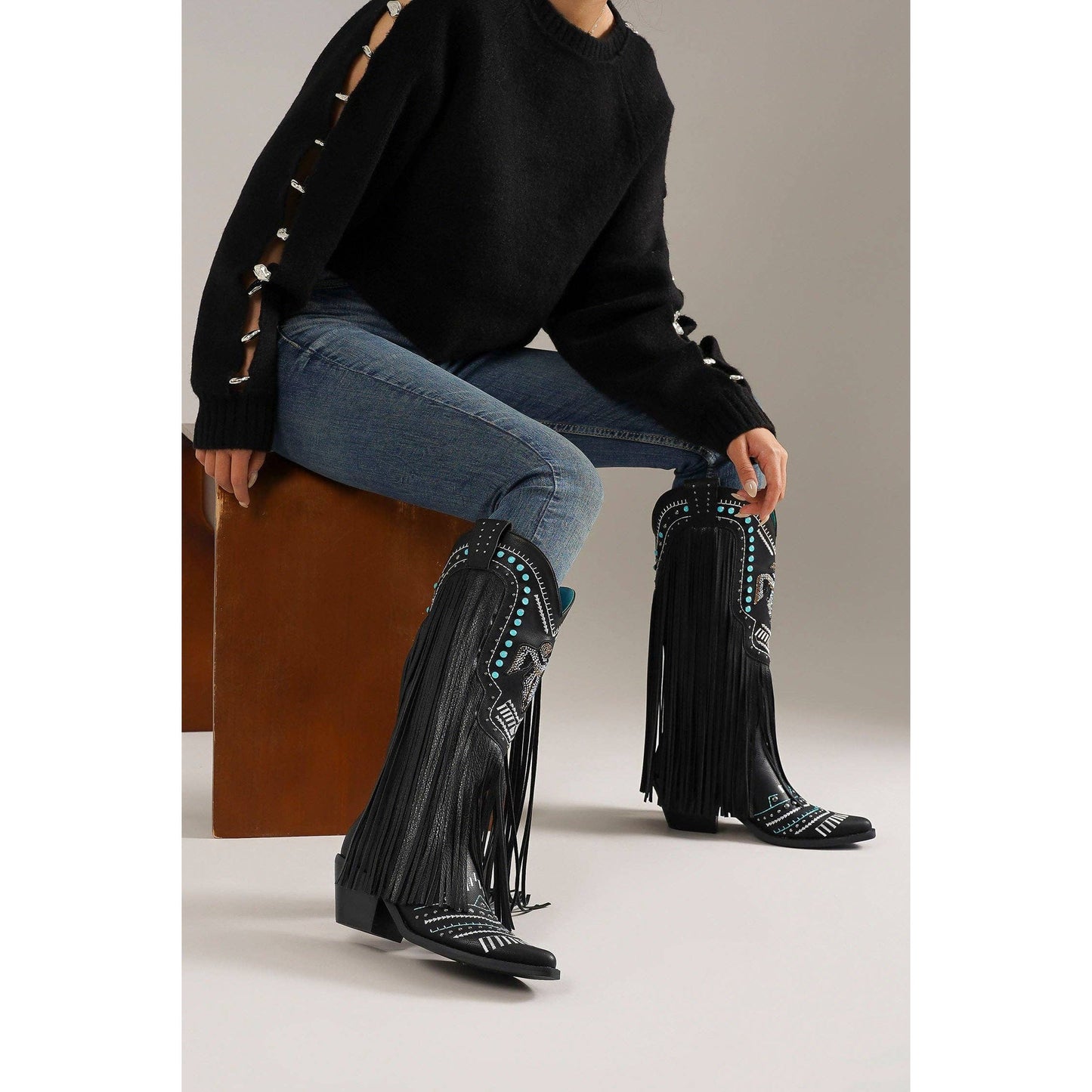 Fringe Cowgirl Boots with Rhinestone Accents