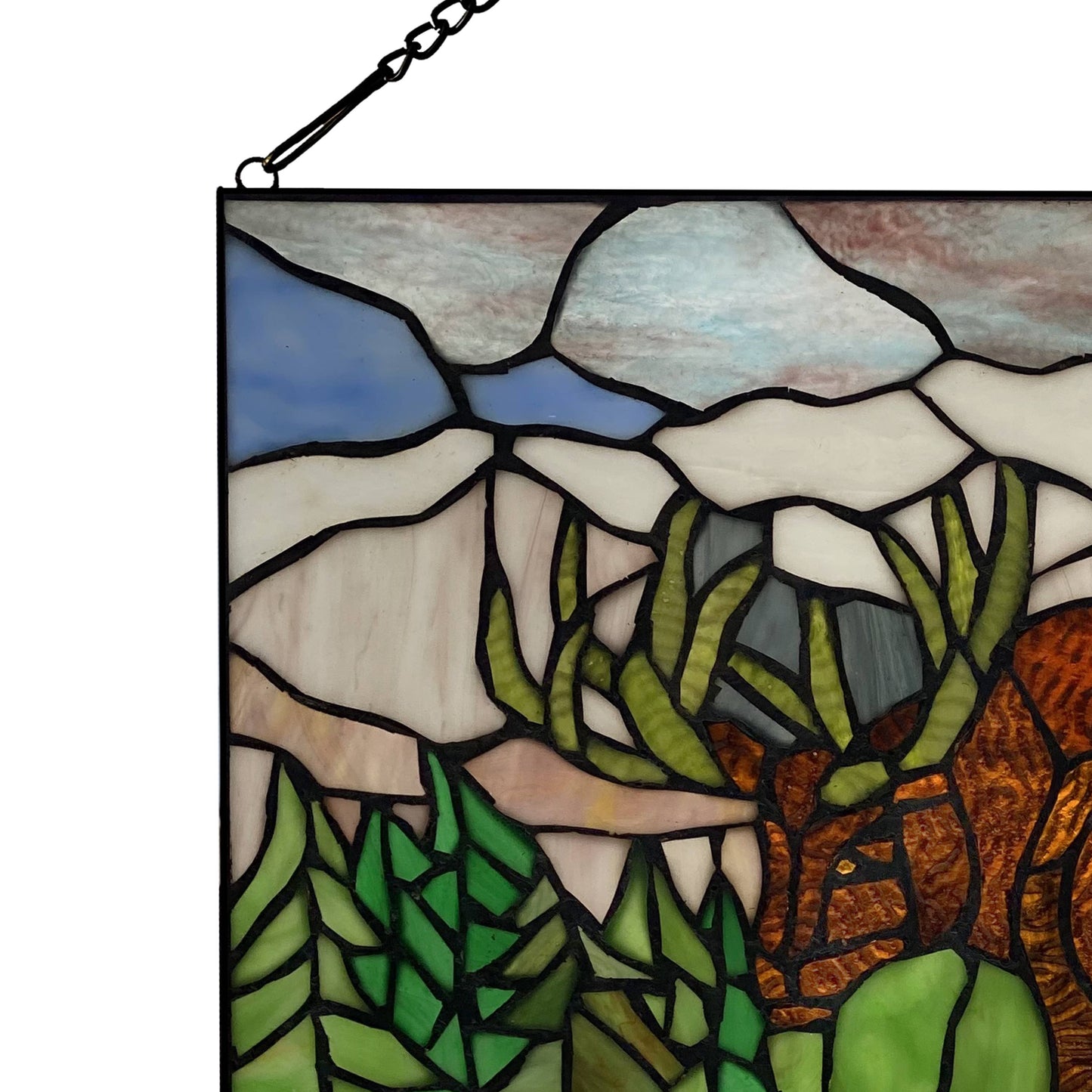 12"H Moose in Mountain Scape Stained Glass Window Panel
