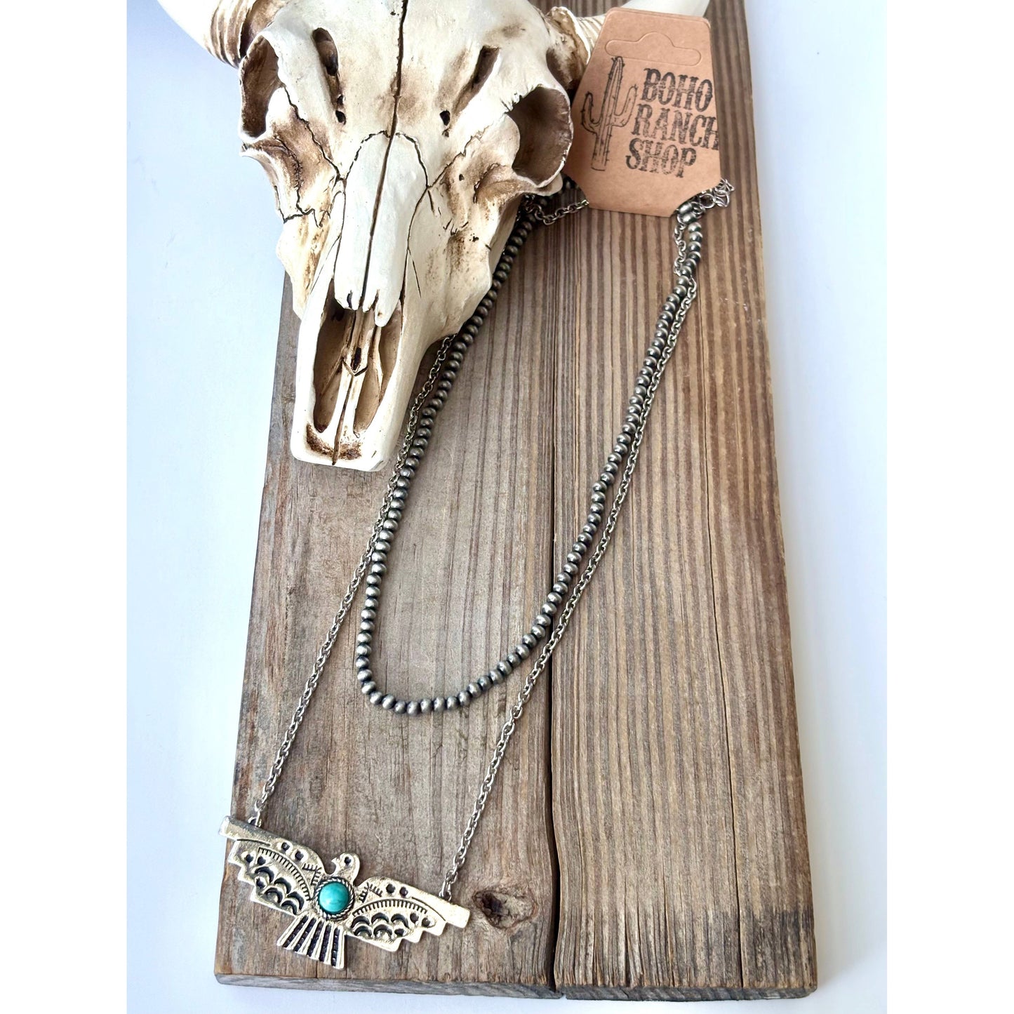 2 Layered Navajo Pearl & Thunderbird Pendant Chain Necklace