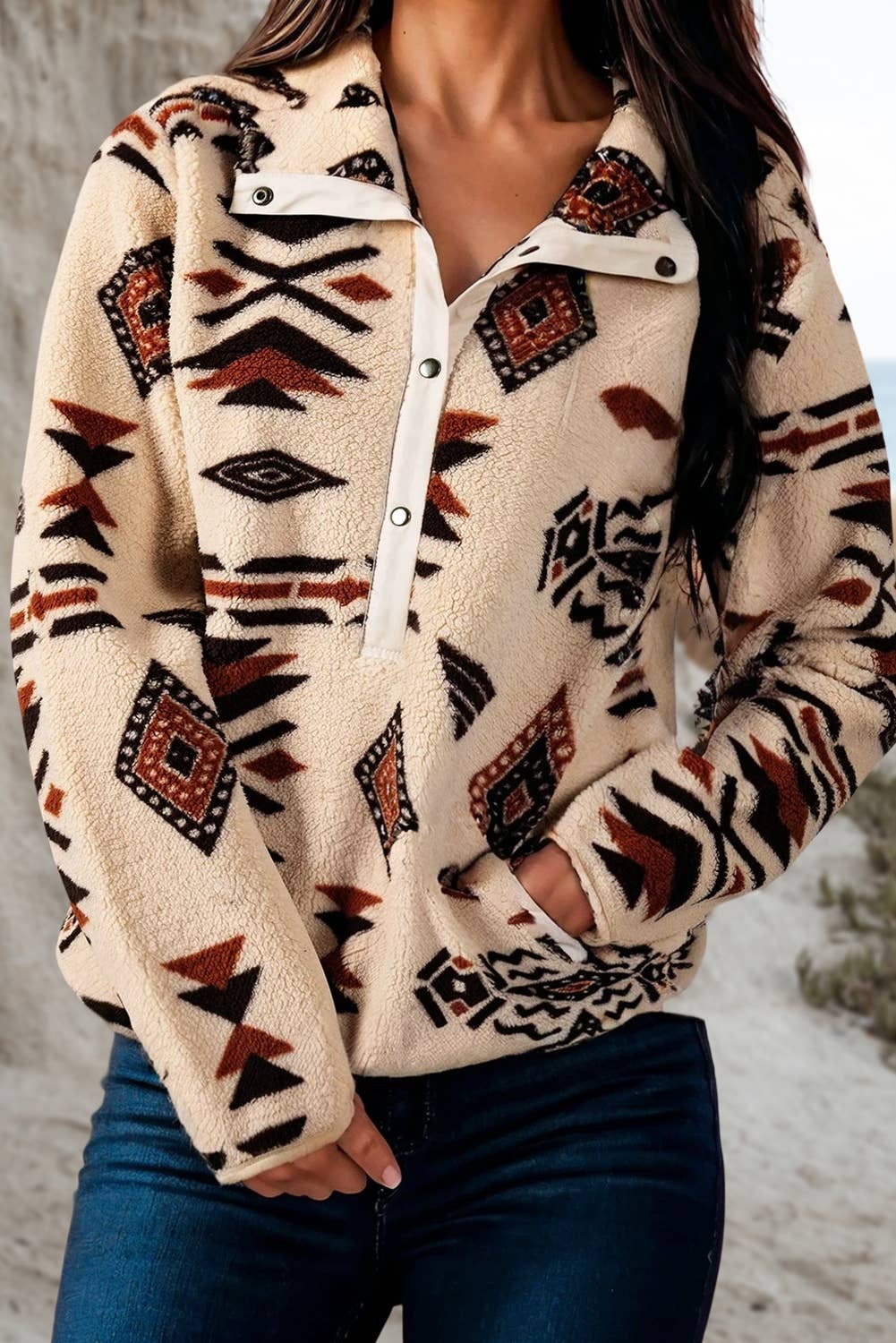 Western Geometric Half Button Up Sweatshirt