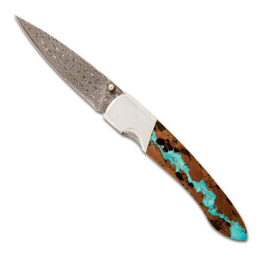 Vein Turquoise Damascus 4" Liner Lock Knife - Double