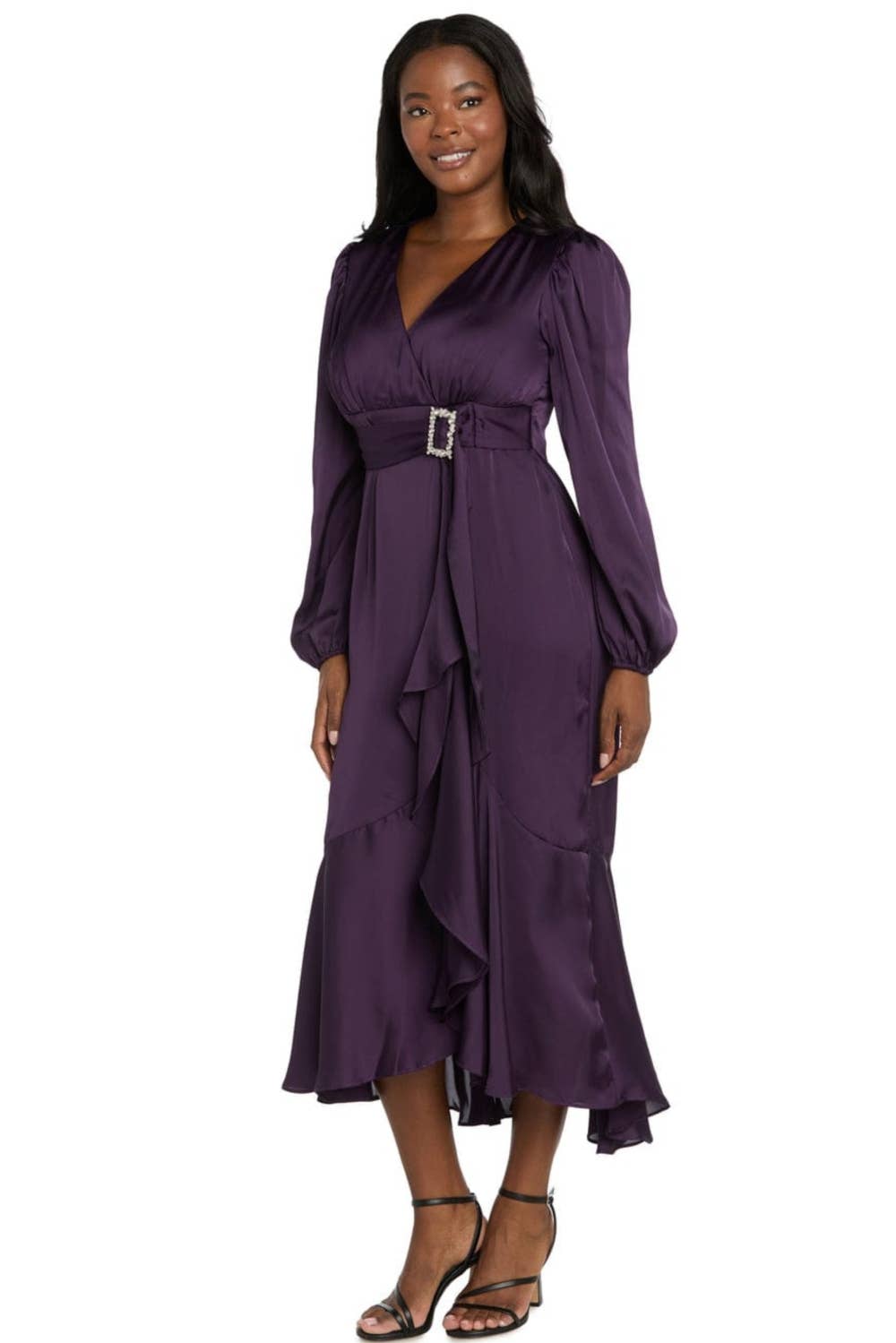 R&M Richards Satin Rhinestone-Buckle Faux-Wrap Party Dress 4274