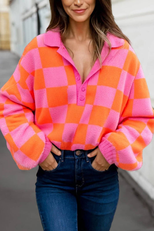 Checkered Plaid Collared Puff Long Sleeve Sweater