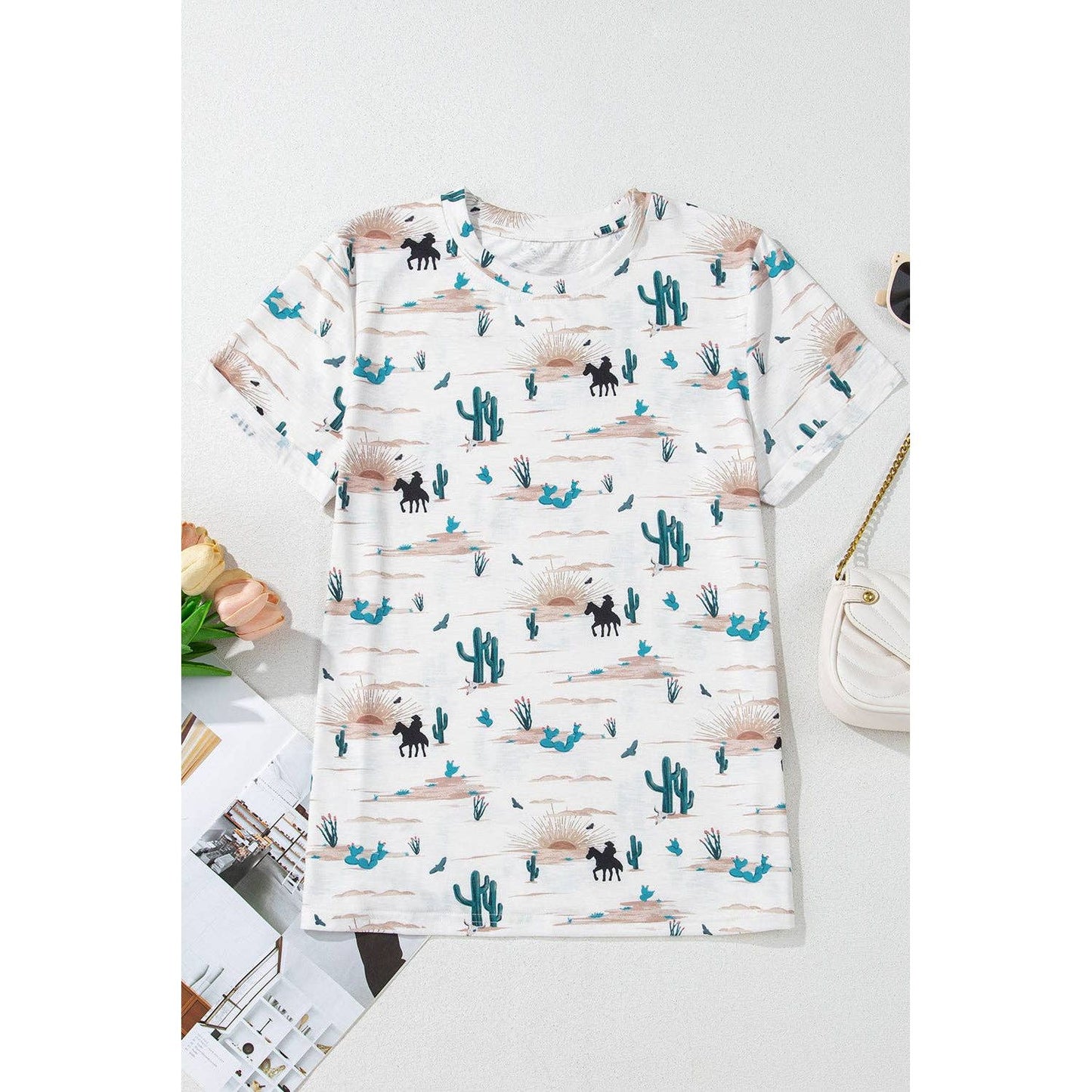 PRETTY BASH Western Cactus Crew Neck Short Sleeve Top