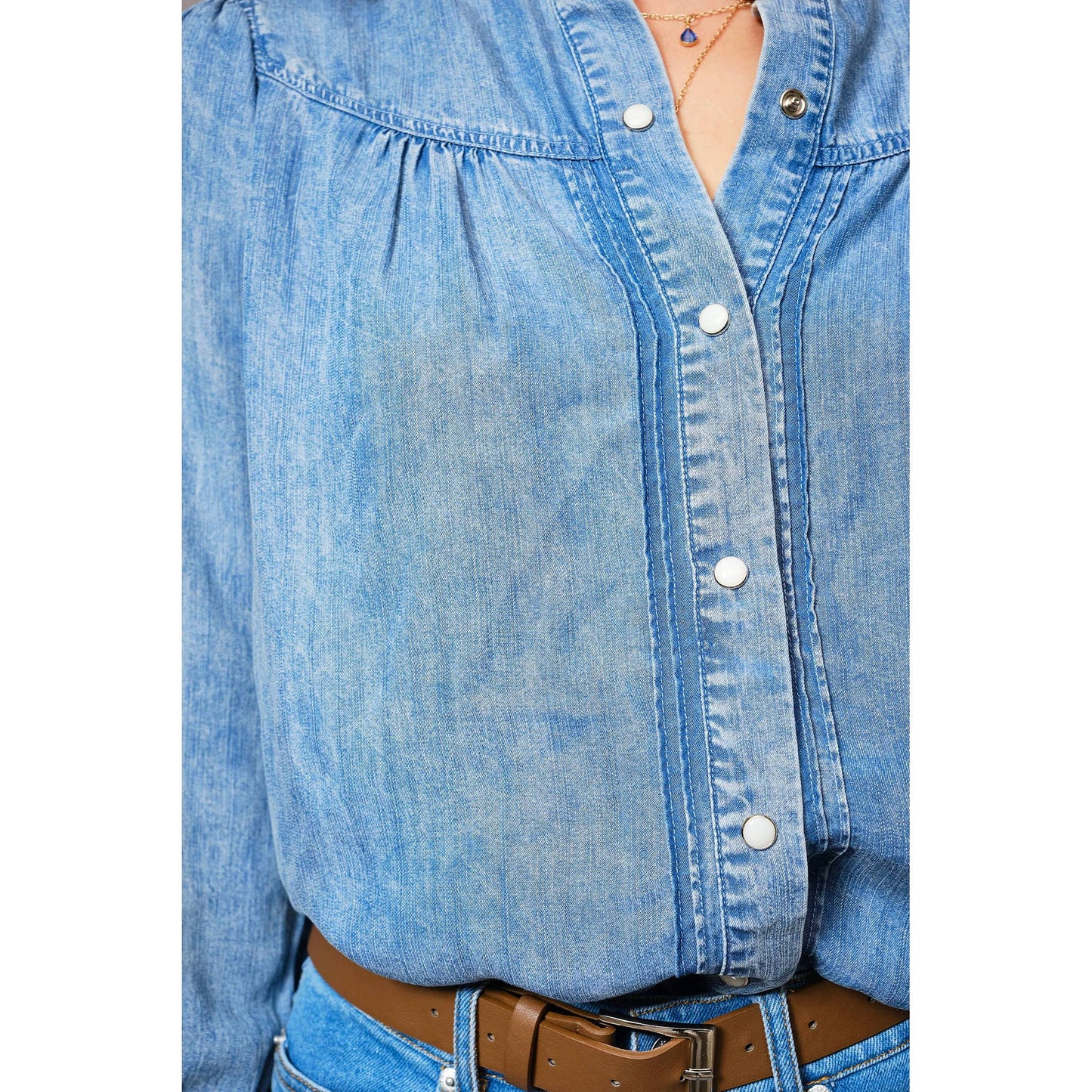 Blue B. Ruffle Neck Denim Snap Button Shirt 23709T