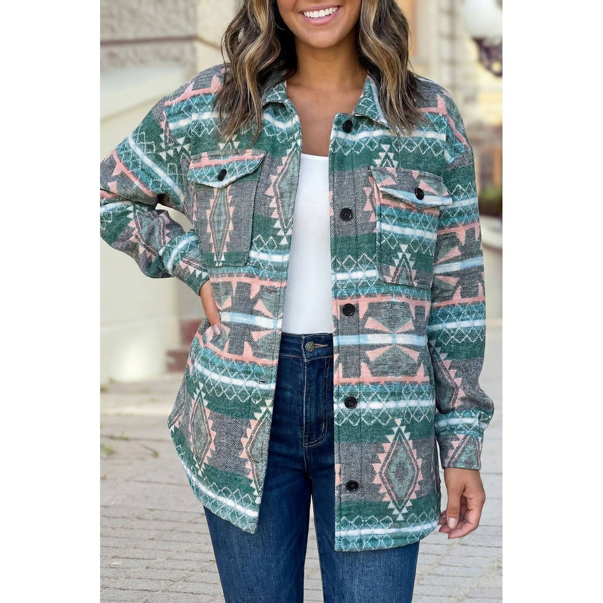 Geometric Print Button Front Long Sleeve Shacket