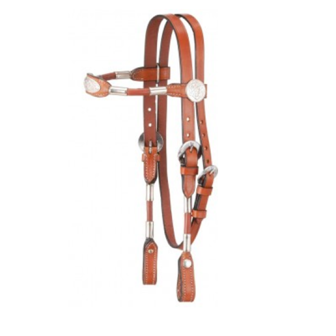 Tough 1 - Chestnut Rolled Leather With Silver Ferrules Mini Horse Browband Headstall With Split Reins Set 42-7640-72-0