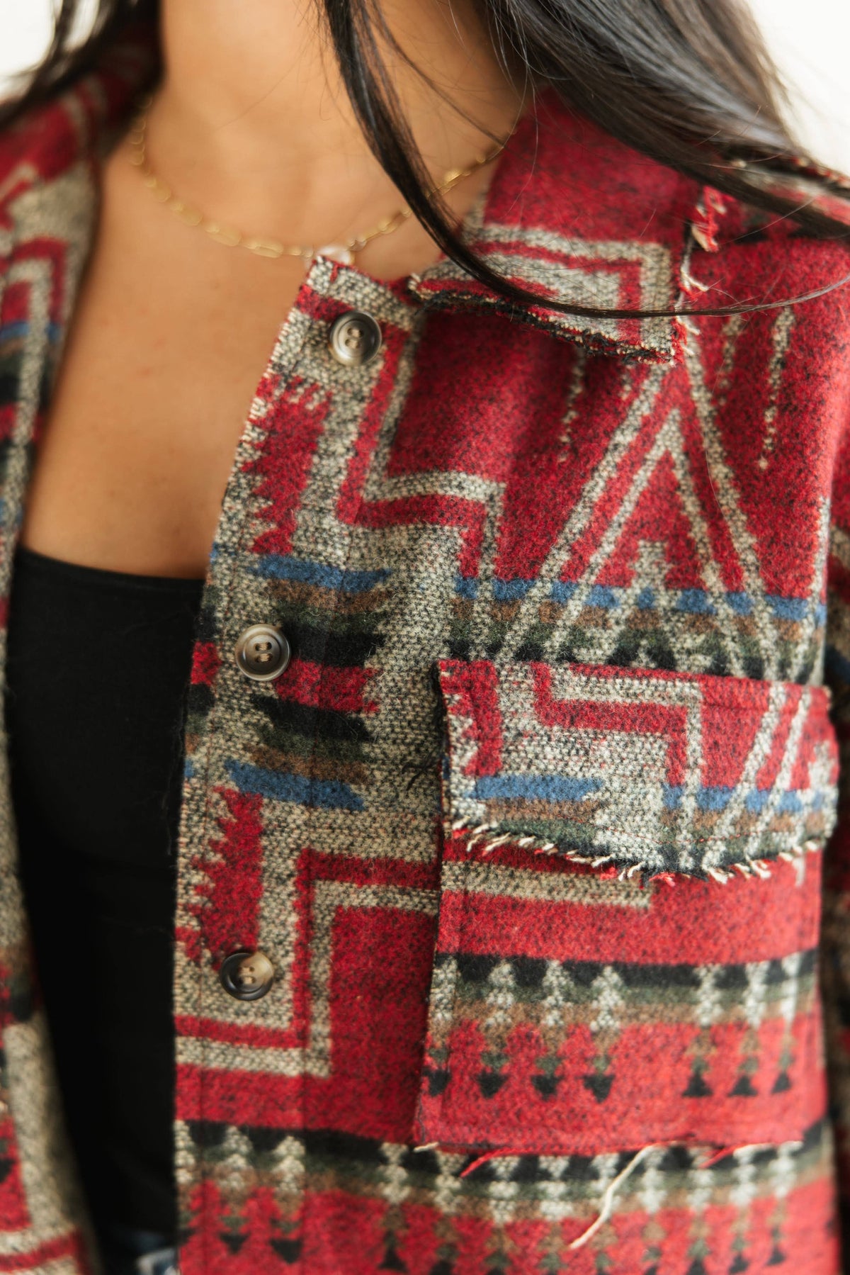 Women’s Aztec Pattern Button-Up Shacket – Red/Multicolor TH1210