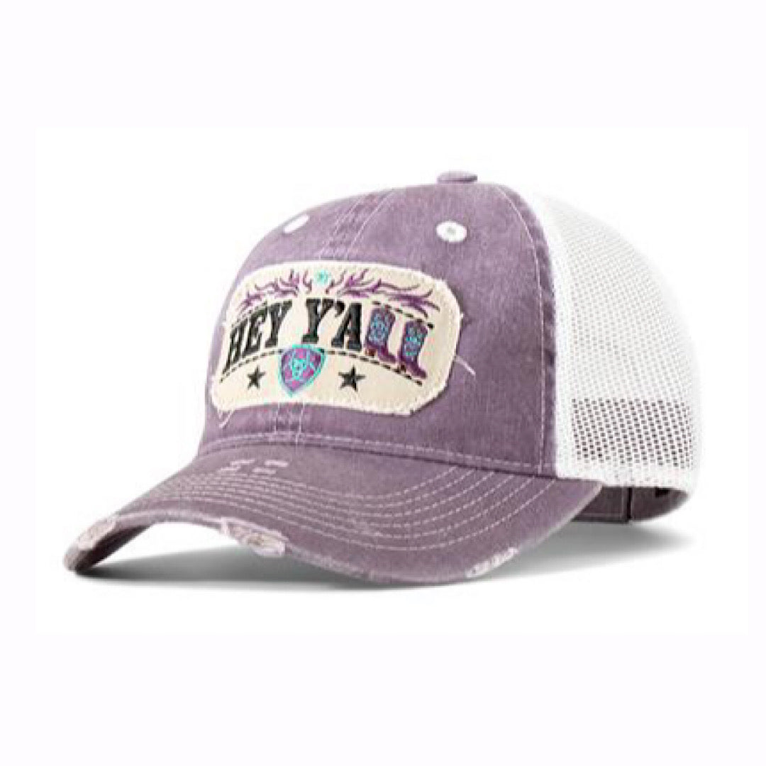 Ariat - Distressed Purple & White With Hey Y’All Ariat Logo Patch Velcro Back Ladies Ball Cap A300084878