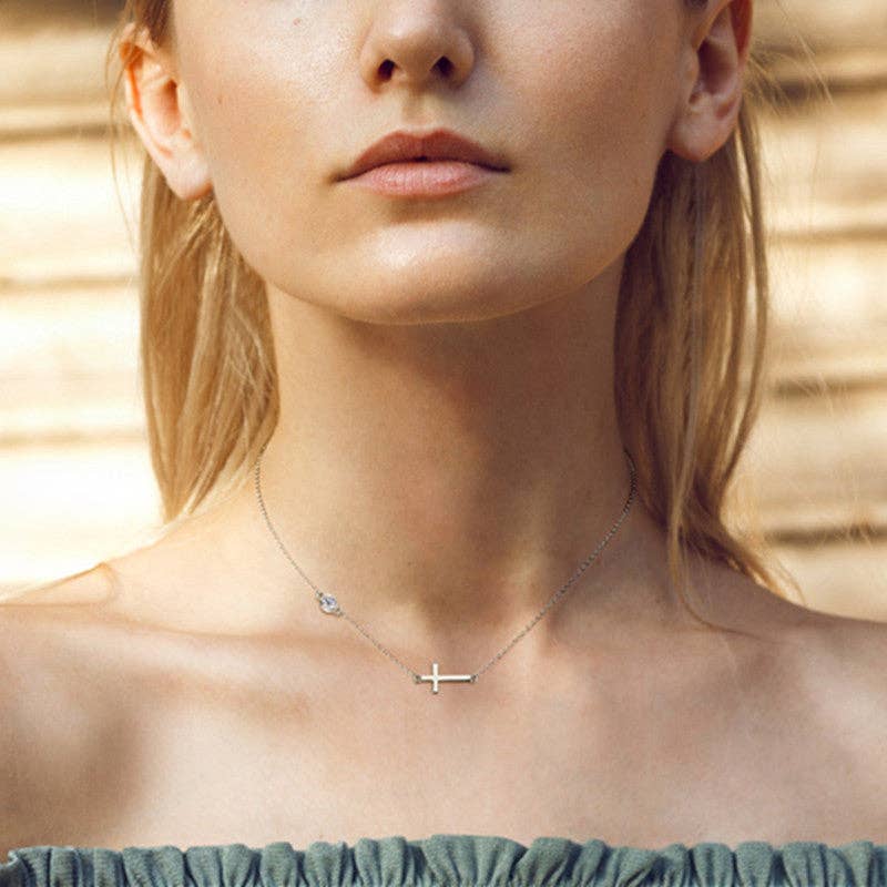 Moissanite Horizontal Cross Necklace in 925 Sterling Silver