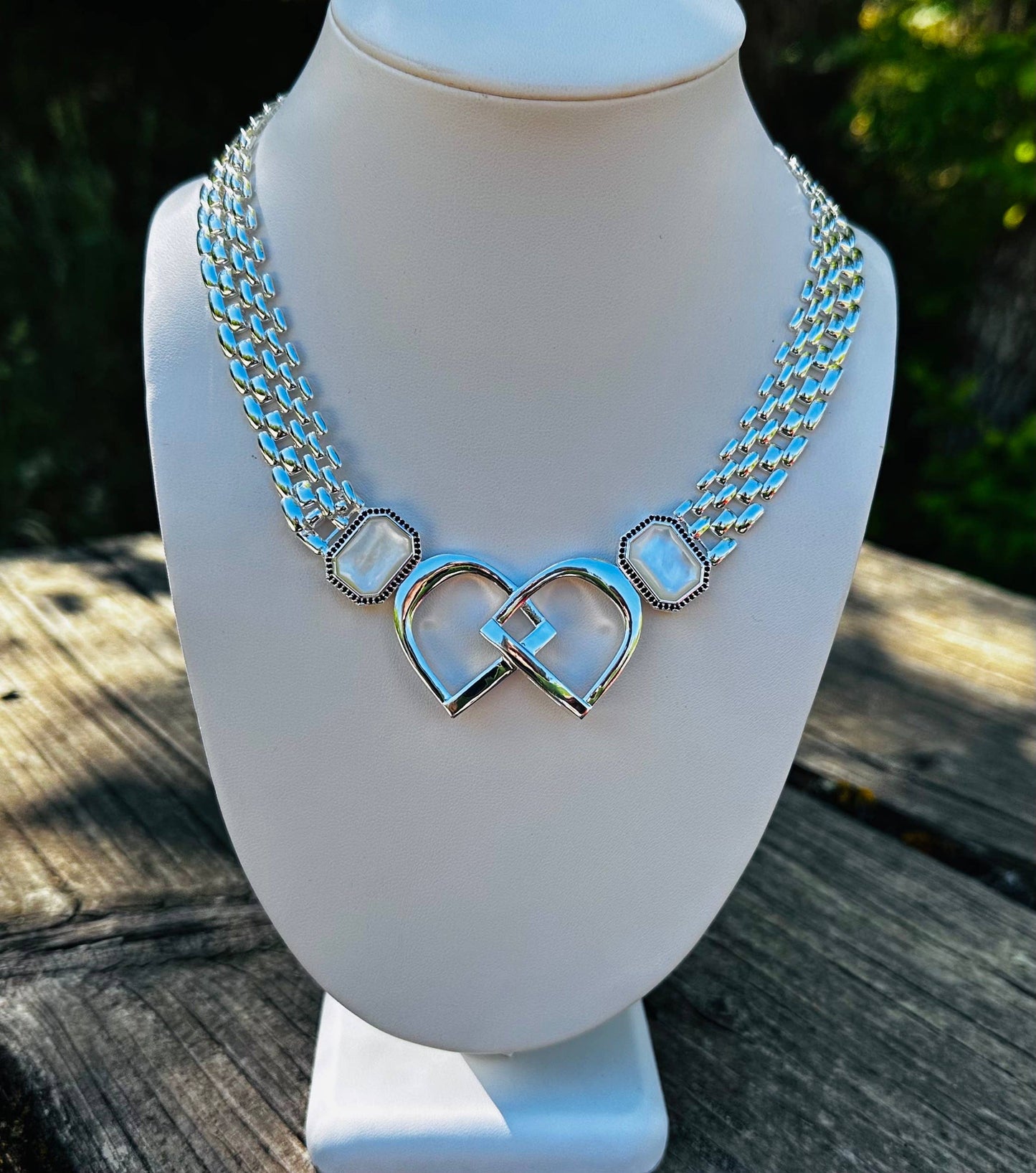 Bold English Saddle Stirrup Necklace Mother of Pearl
